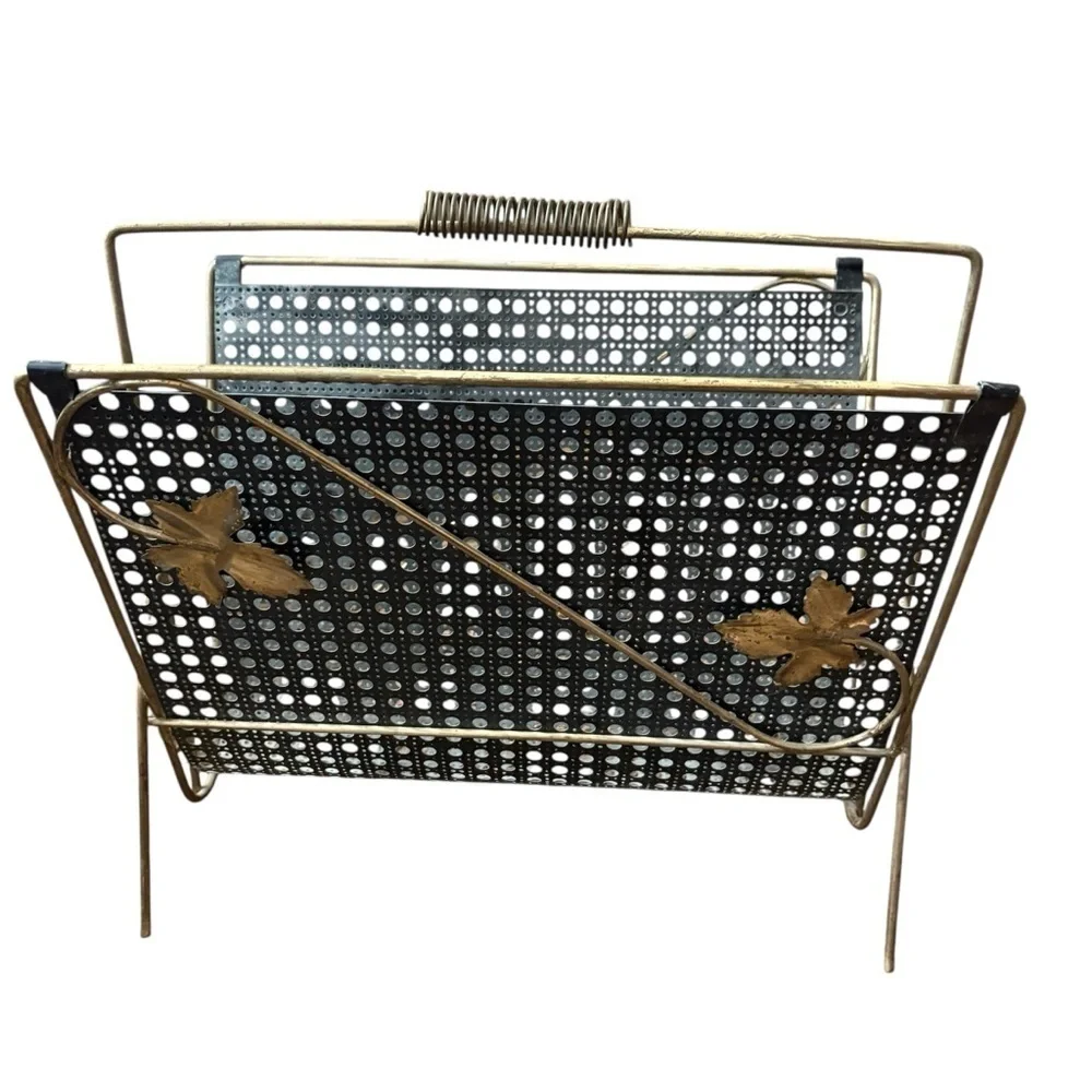 MID CENTURY MODERN 60's WROUGHT IRON MAGAZINE RACK w/ IVY LEAF Vintage